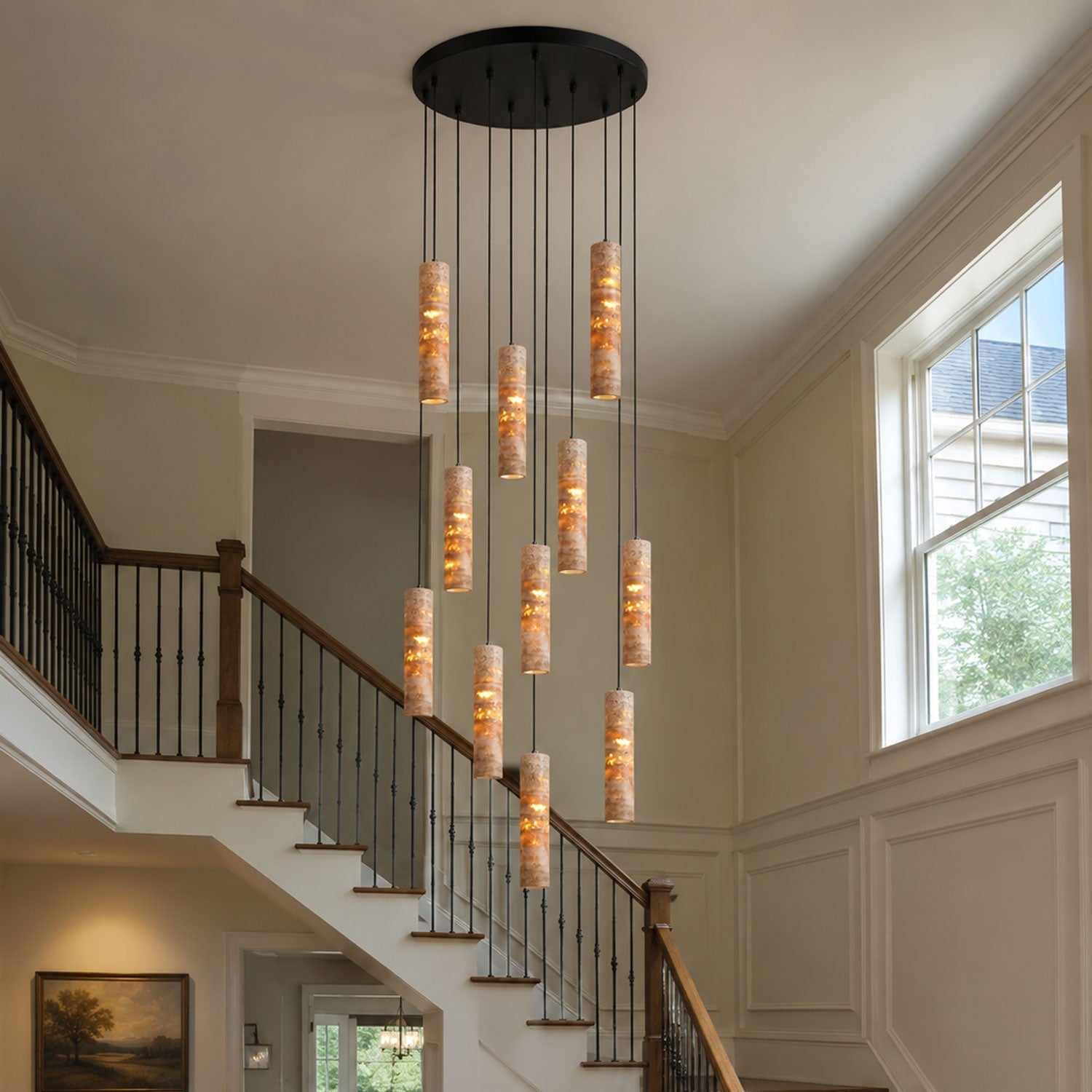 Travertine pendant light lit showing amber warm glow through sedimentary stone surface
