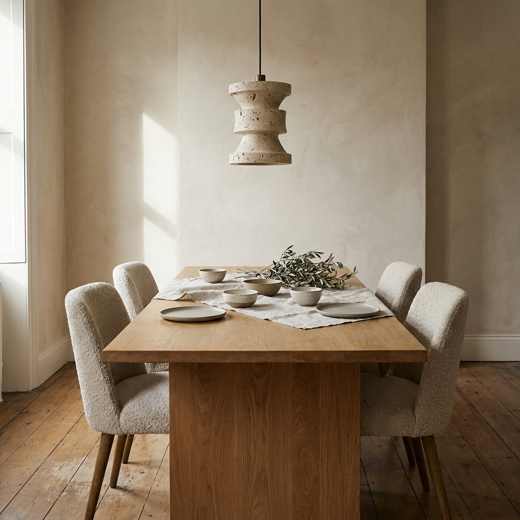 Close-up of natural travertine stone pendant light shade showing soft veining and warm stone texture