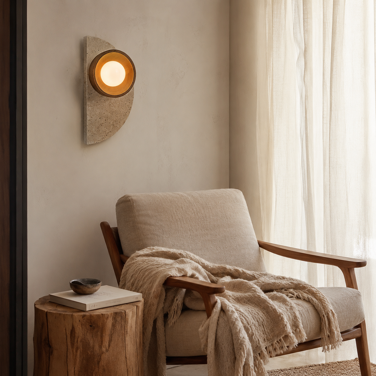 Stone wall light with G9 bulb base and rounded wooden bowl diffusing soft light