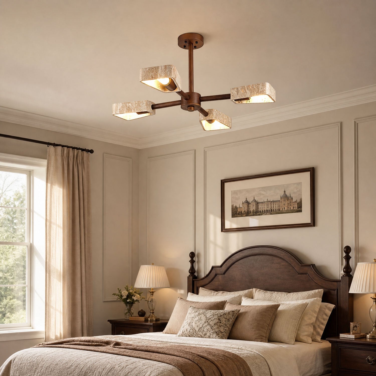 3-head travertine chandelier in wood colour finish hanging in a Wabi-Sabi styled interior
