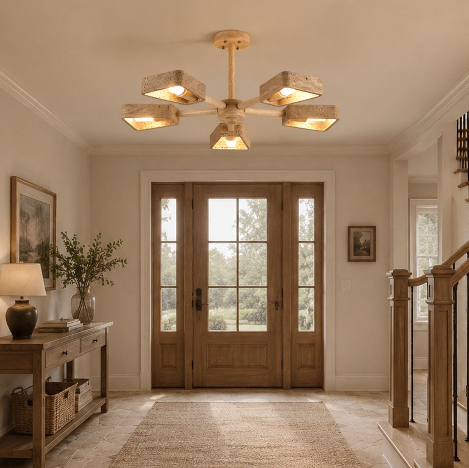 Natural yellow travertine stone chandelier arm detail with solid wood hub