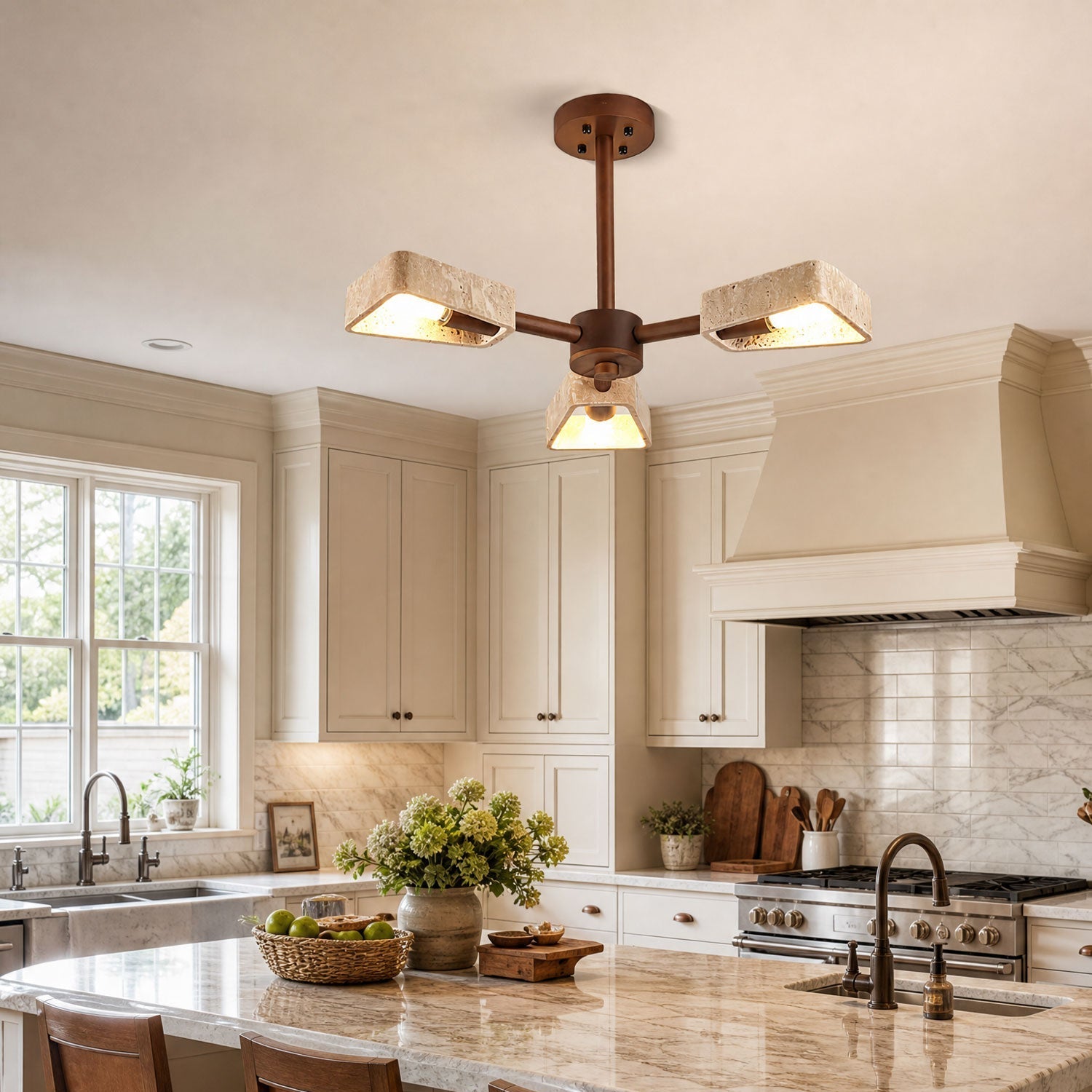 Tomoe Travertine Wood Chandelier product detail showing adjustable suspension rod