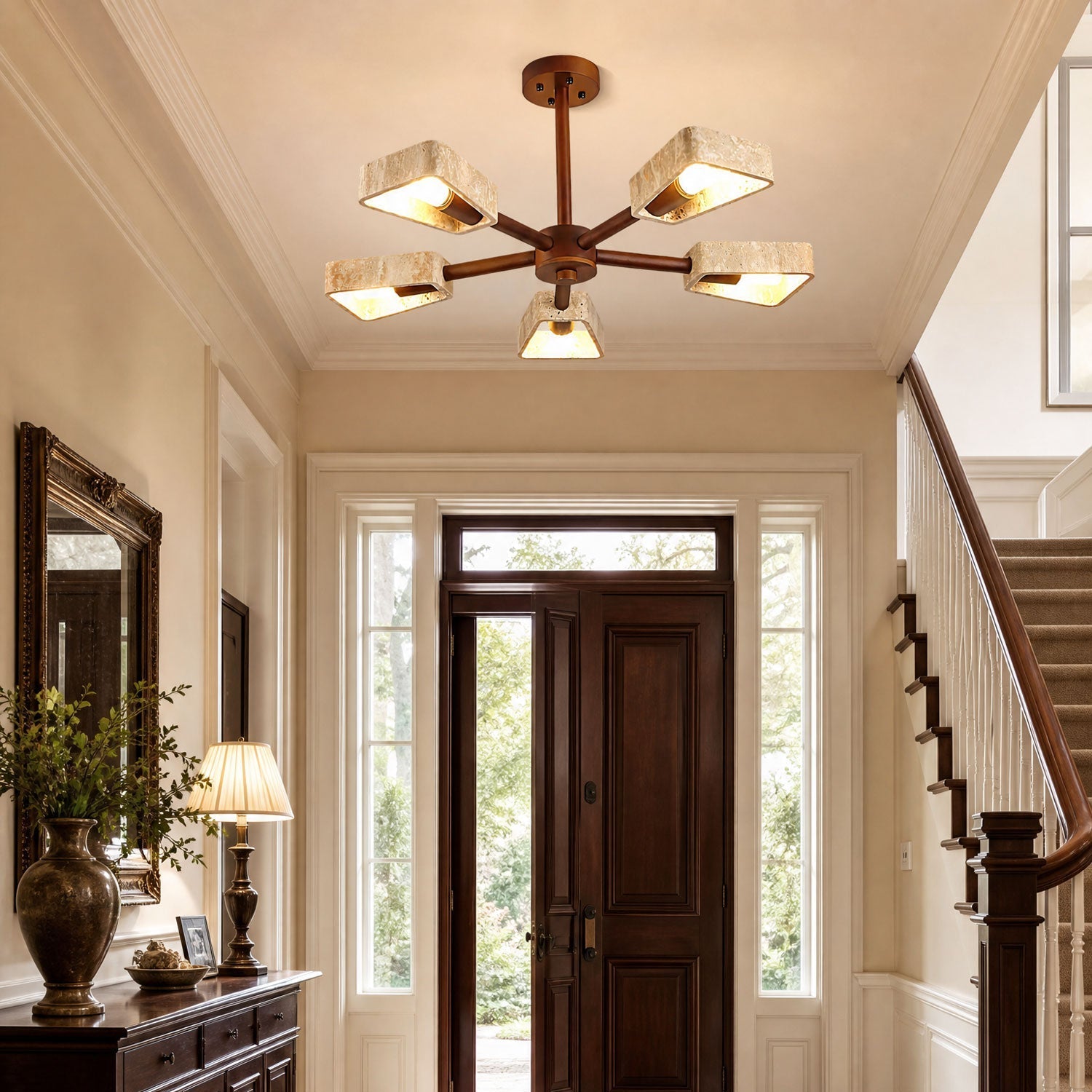 Tomoe Travertine Wood Chandelier in walnut finish, 5-head configuration, above dining table