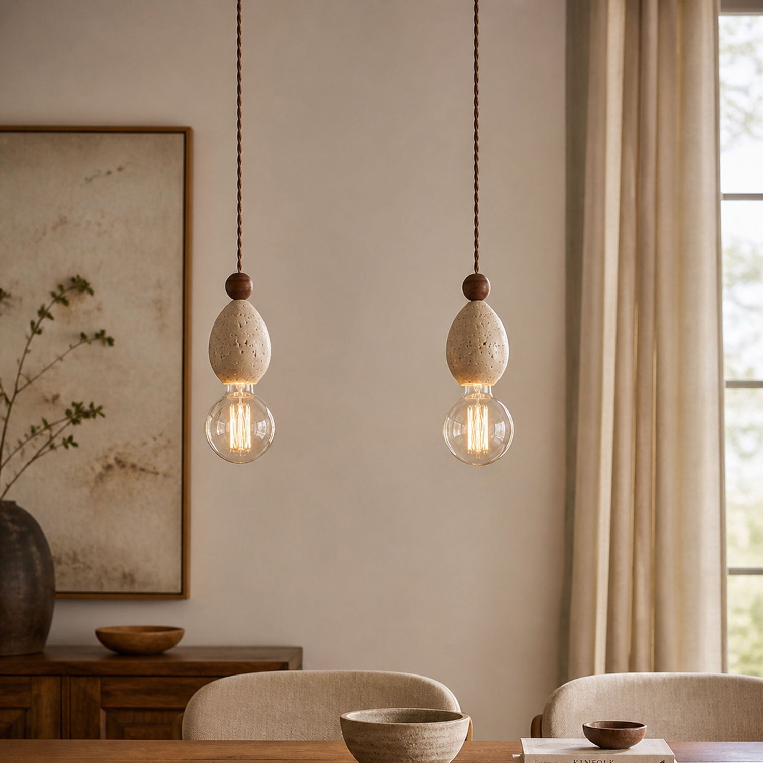 Natural stone pendant light with exposed bulb suspended on adjustable braided cord