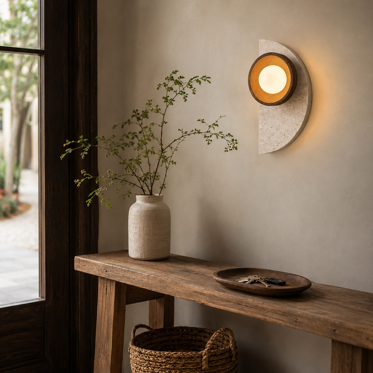 Travertine backplate detail of the Ishi wall light showing natural stone grain and texture