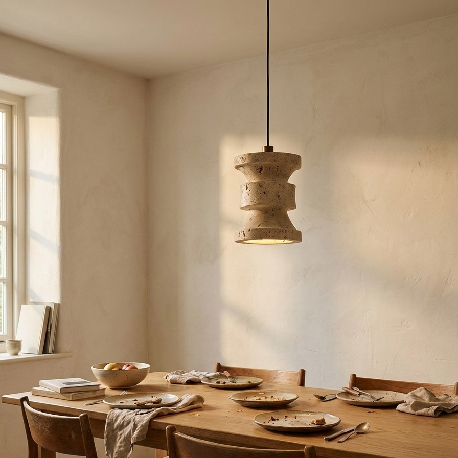 Naho travertine pendant light styled in a calm dining room setting with warm ambient lighting