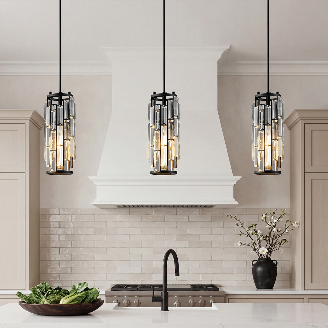 Aureon crystal pendant light product detail showing iron frame and glass shade