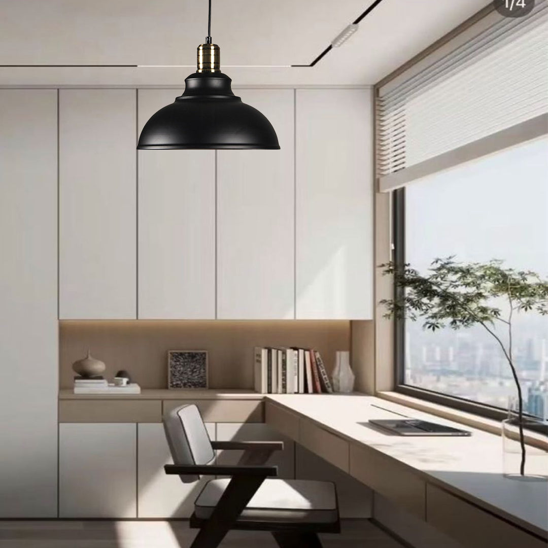 Aureon pendant light in black, ceiling canopy and adjustable cord detail, modern metal pendant