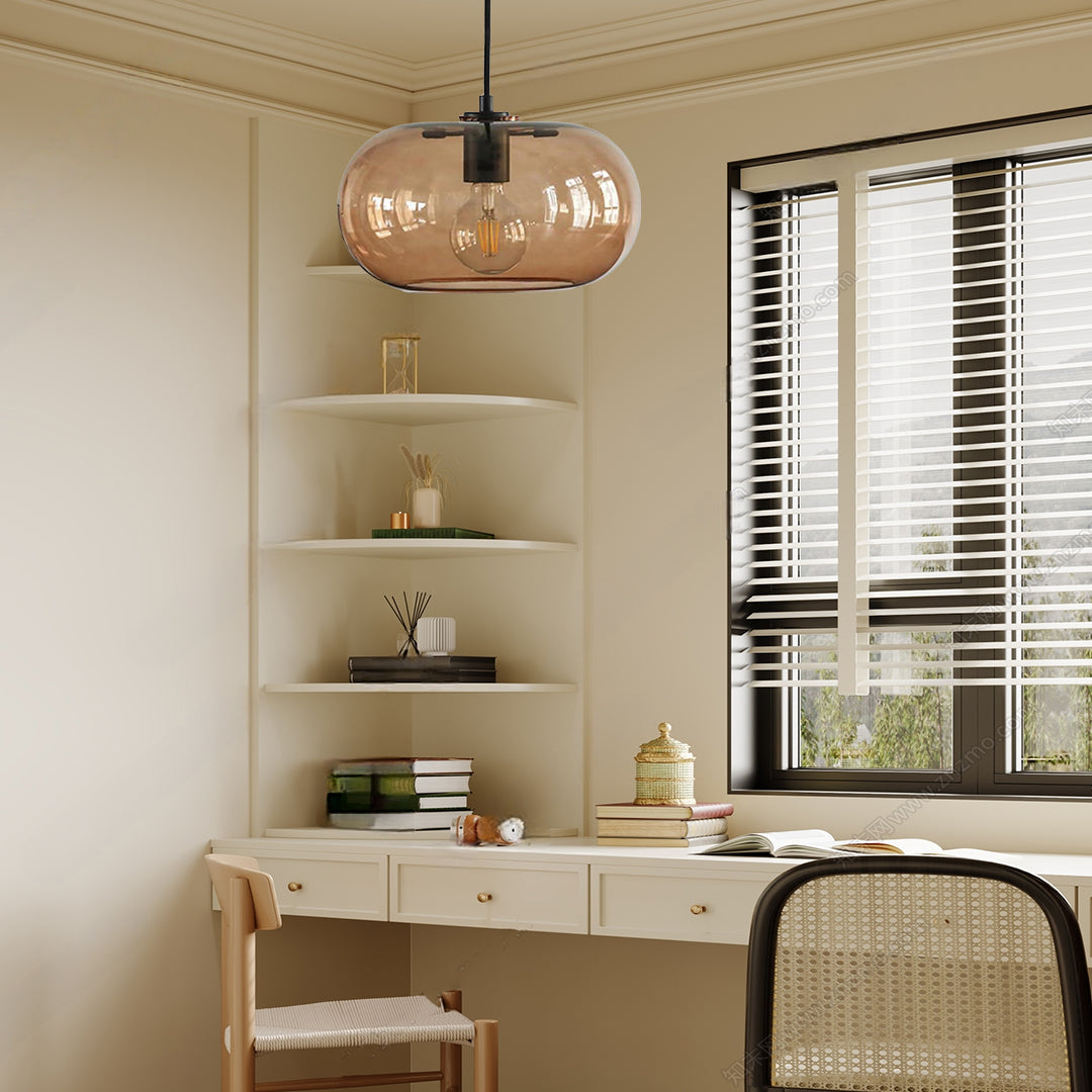 Aureon pendant light in smoke gray glass shade, contemporary interior styling