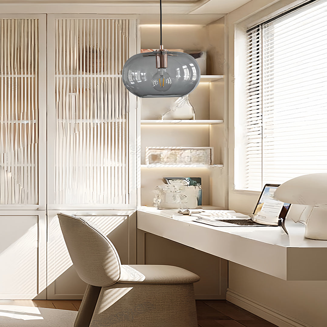 Aureon electroplated pendant light side profile showing glass shade shape and cord length