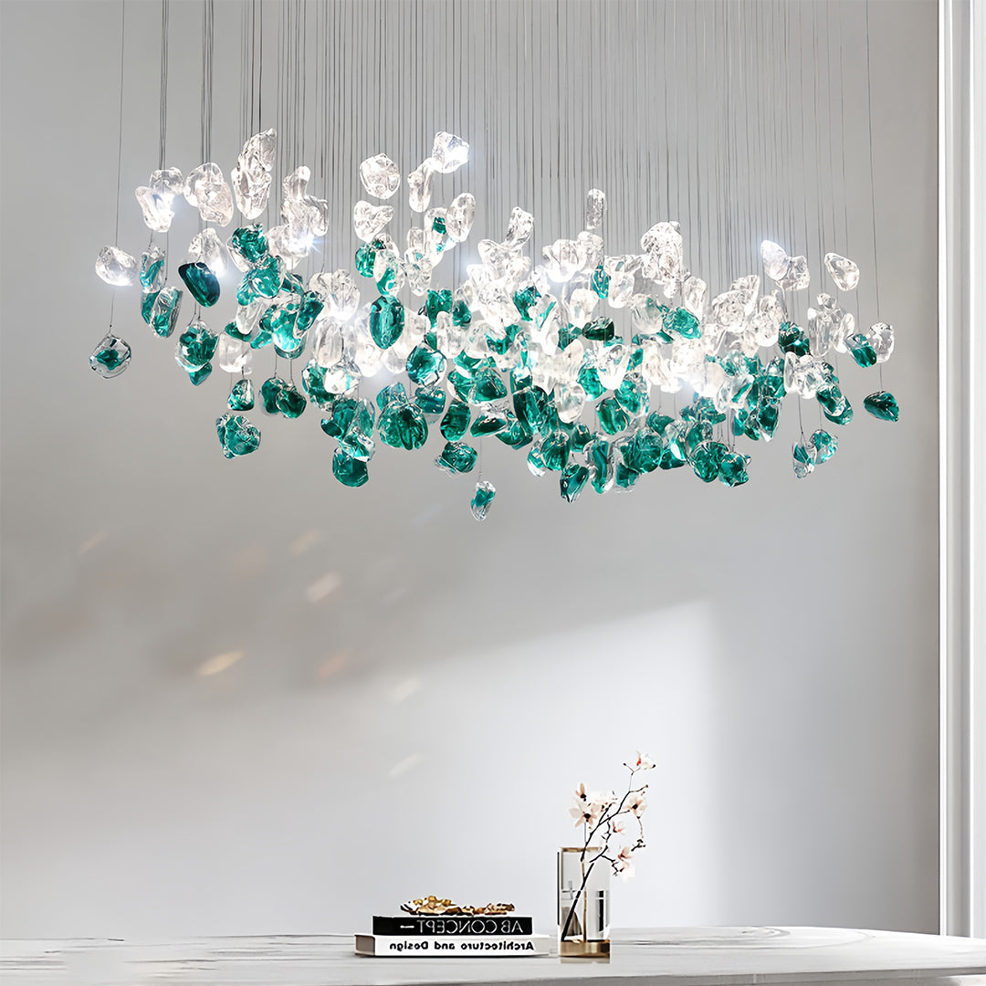 Underside view of Auréline beaded glass chandelier showing alternating green and clear glass