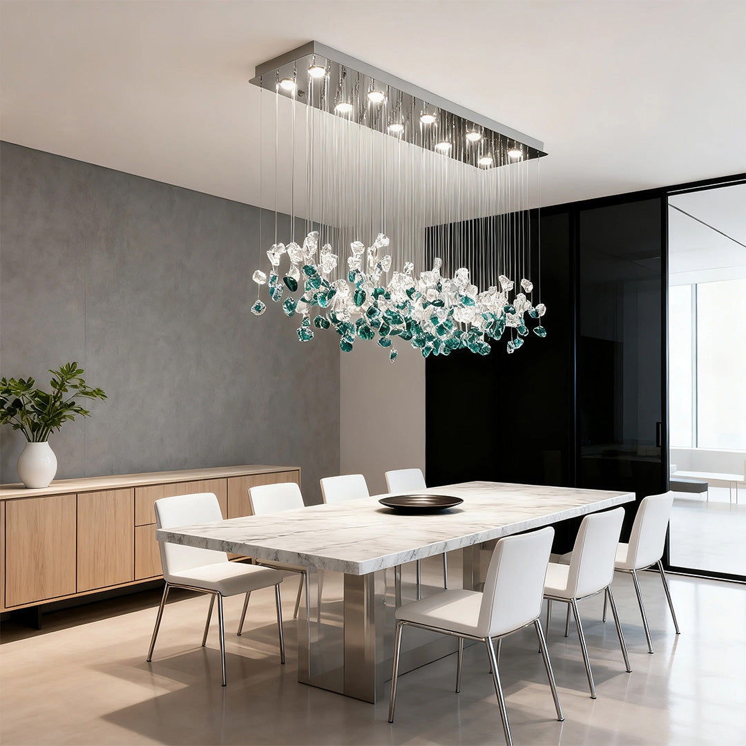 Auréline beaded glass chandelier with green and clear hand-blown glass over a kitchen island