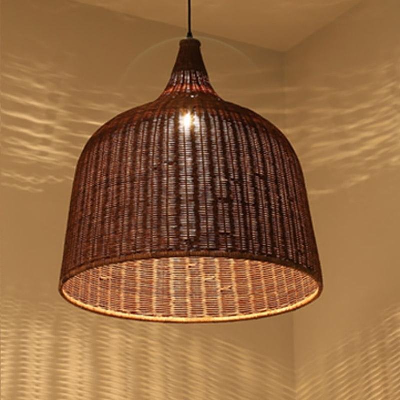 Bell-shaped rattan ceiling light in natural wood finish, modern pendant for dining and kitchen spaces