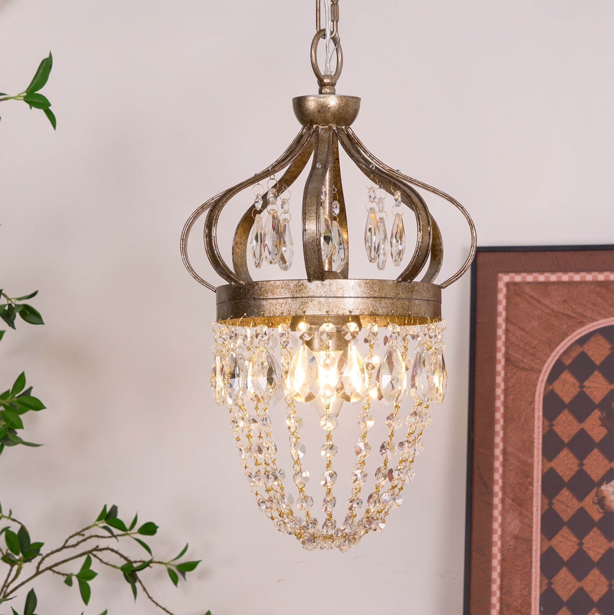 Vantara crystal chandelier antique gold finish showing glass drop detail