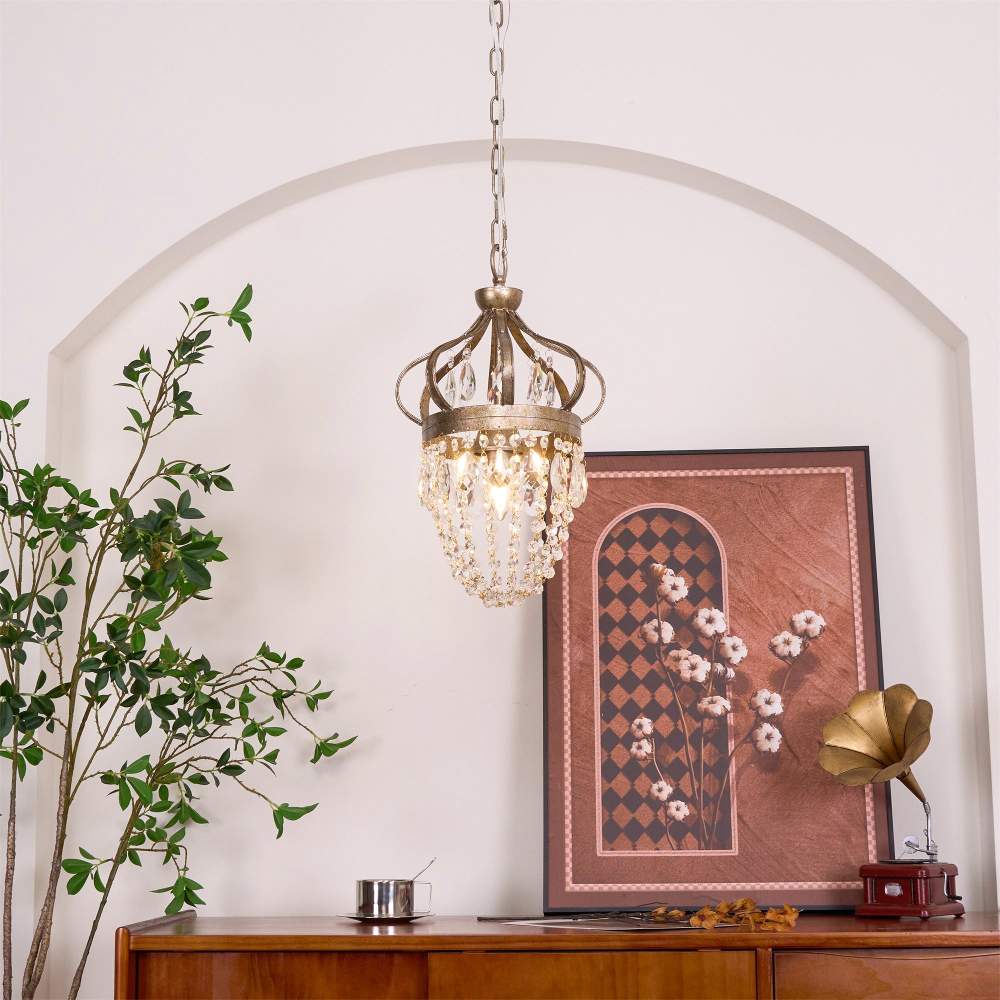 Vantara teardrop chandelier gold finish, top crown detail showing wrought iron construction