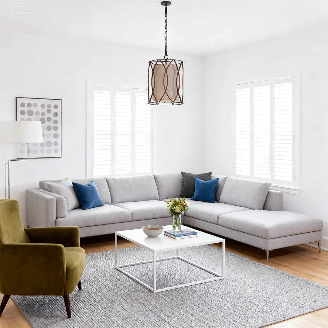 Aureon aged black metal cylinder pendant light in a modern living room