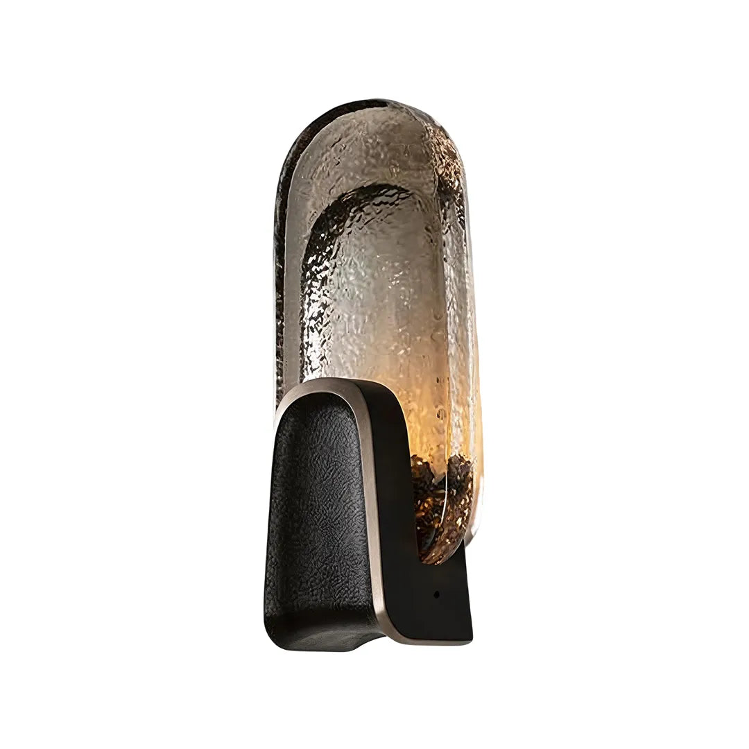 Art deco glass wall sconce in black brass with smoked gray oval shade, modern wall light