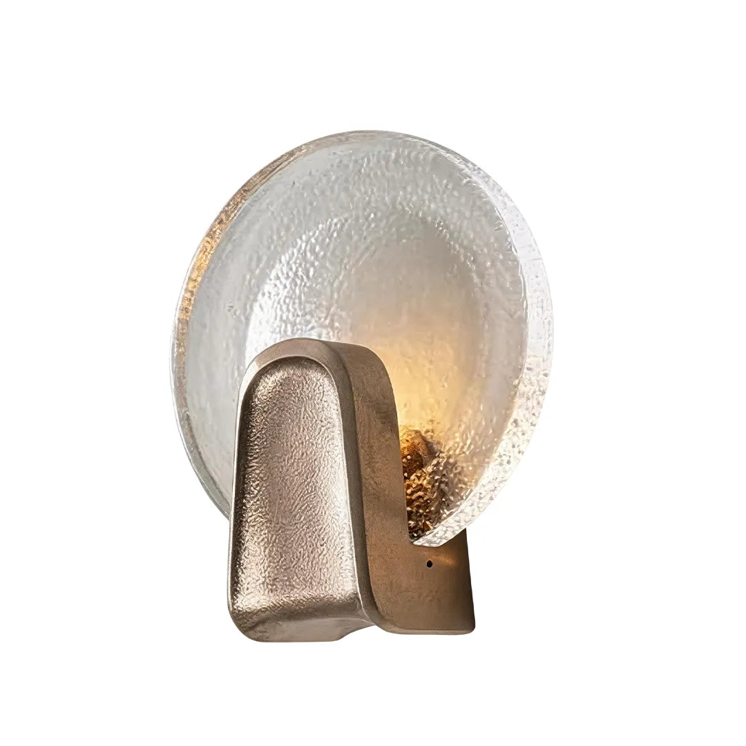 Art deco glass wall sconce in gold brass with clear round shade, contemporary wall sconce