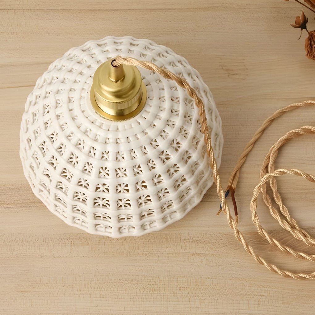 Aureon modern ceramic ceiling pendant light in white, overhead view showing shade profile