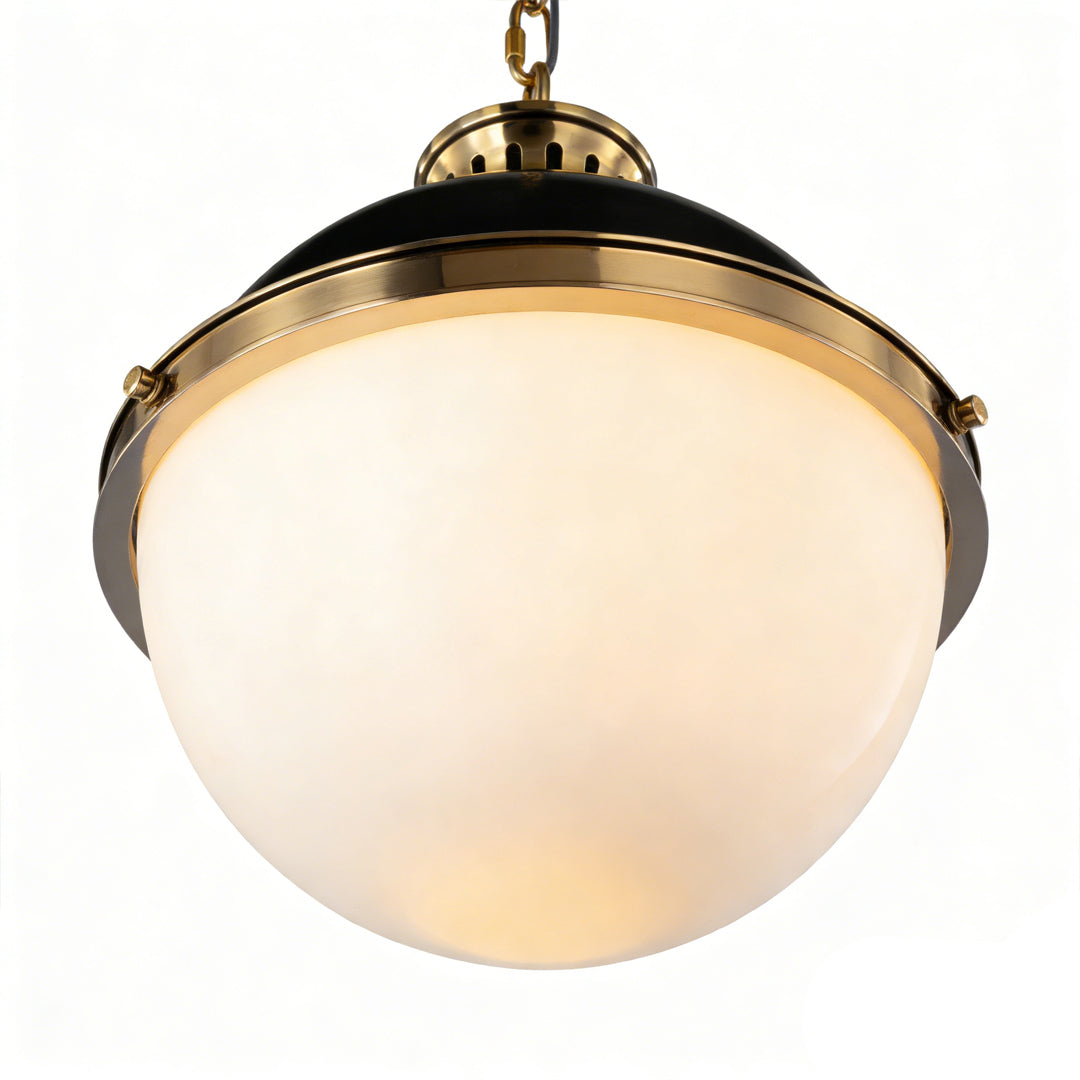 Dimension diagram for Aureon 13.7-inch glass globe pendant light showing diameter and fixture height