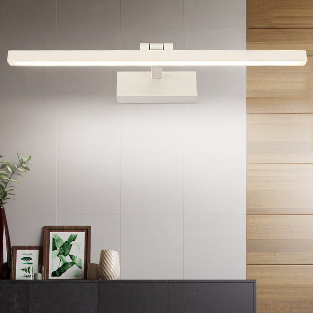 Viora LED vanity light with metal frame and acrylic shade, close-up of illuminated bar