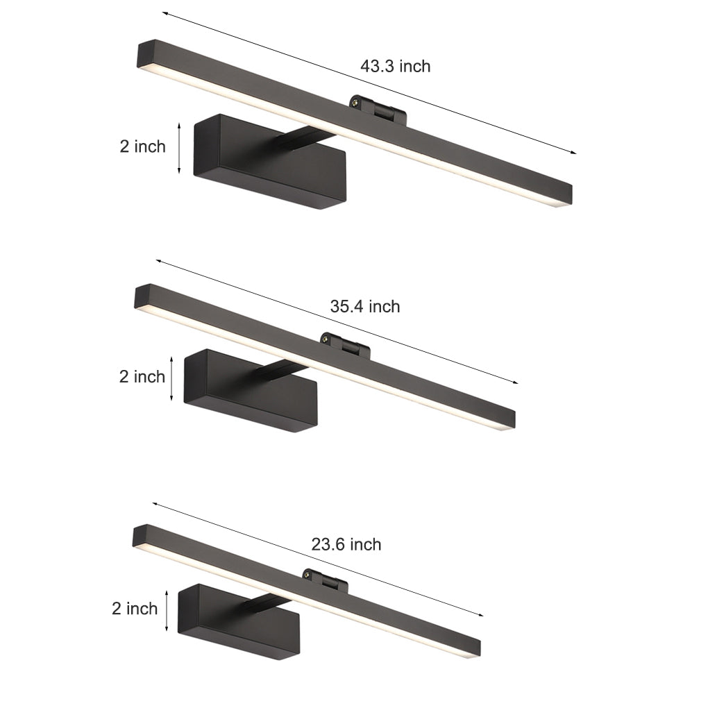Viora modern black LED bath bar vanity light, three length options shown above mirror wall
