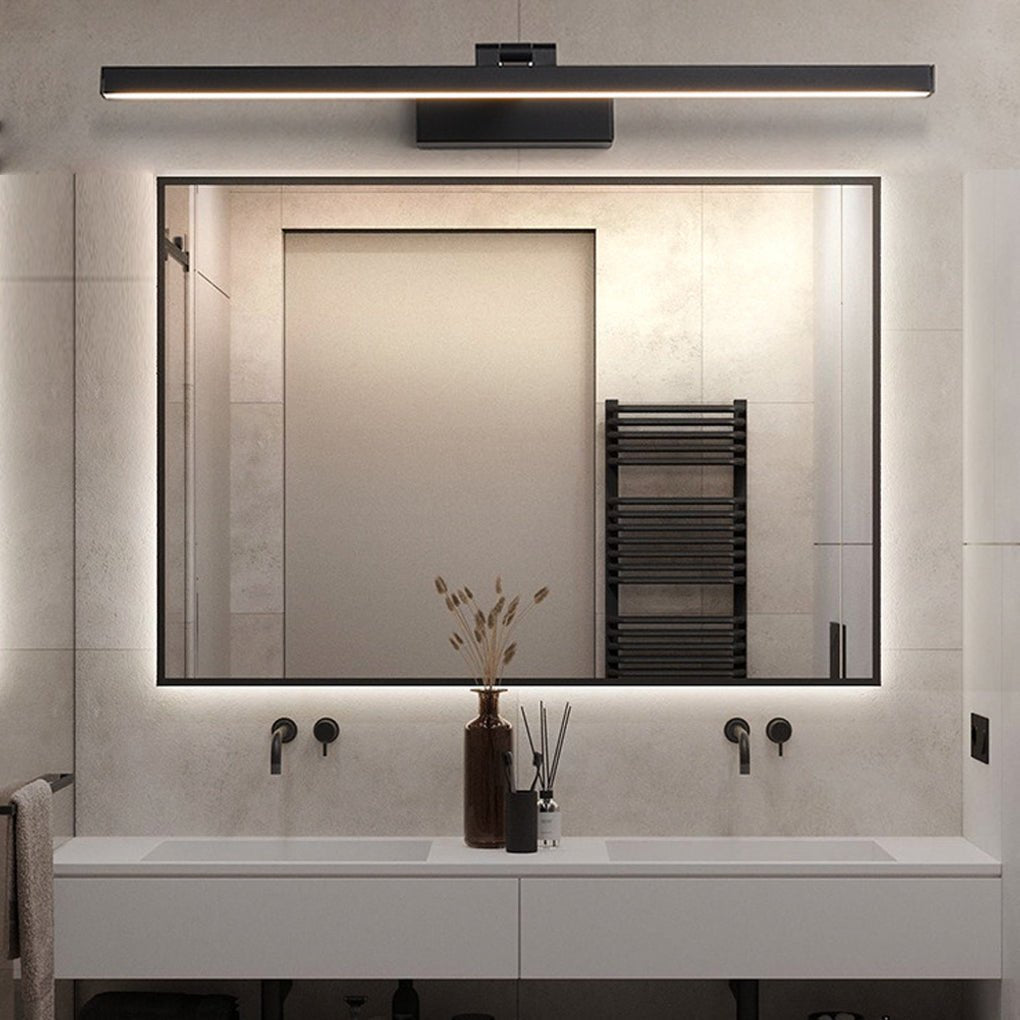 Modern LED bathroom mirror light in white, showing soft even illumination above vanity