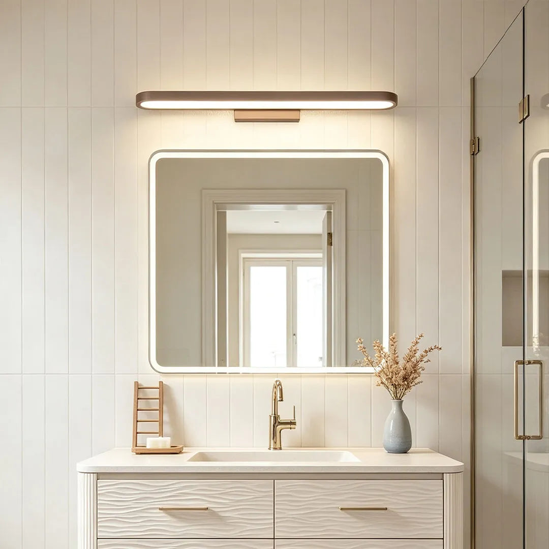 Viora LED mirror light above a light wood bathroom vanity, cool white setting