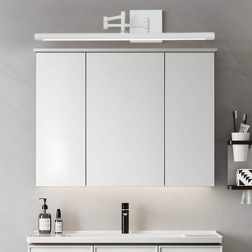 Minimalist black linear vanity light in a clean, modern bathroom setting