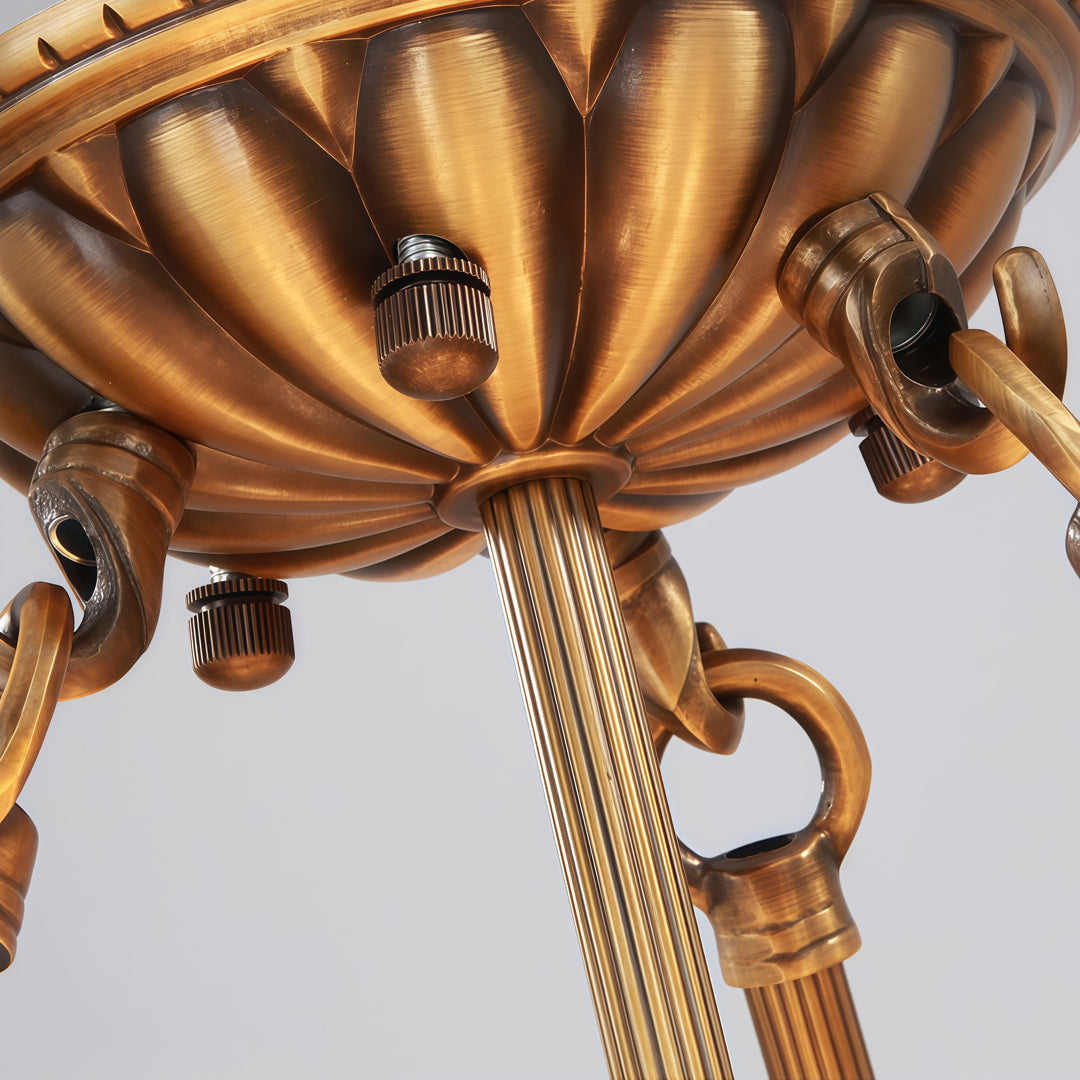 Auréline chandelier brass frame detail close-up, showing finish quality and frame joinery
