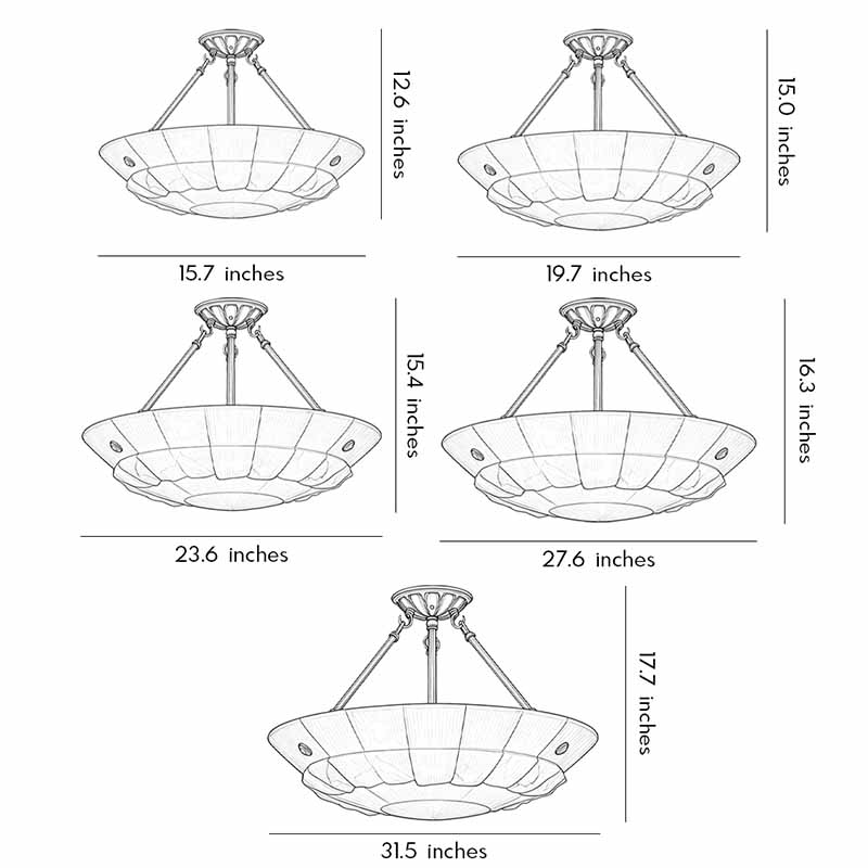 Auréline chandelier dimension drawing showing diameter and height measurements across available sizes
