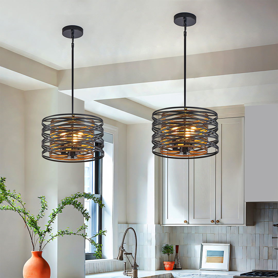 Ceiling mount and canopy detail of the Aureon black drum pendant light