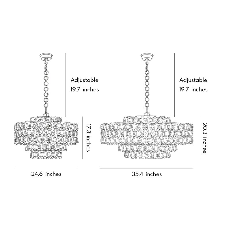 Size chart and dimension diagram for the Auréline crystal ring chandelier, Small and Large variants