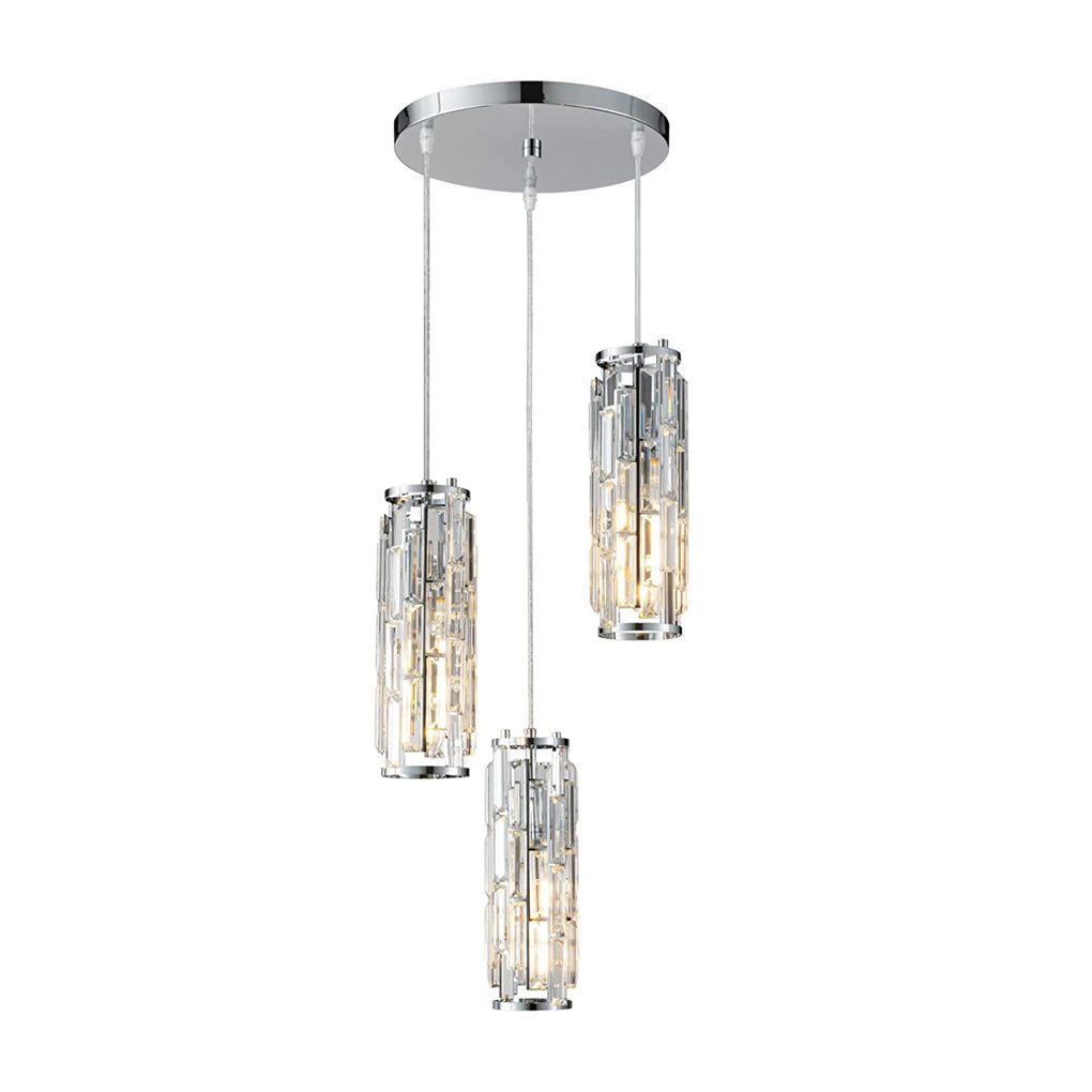 Chrome 3-light crystal pendant light cluster in modern interior setting