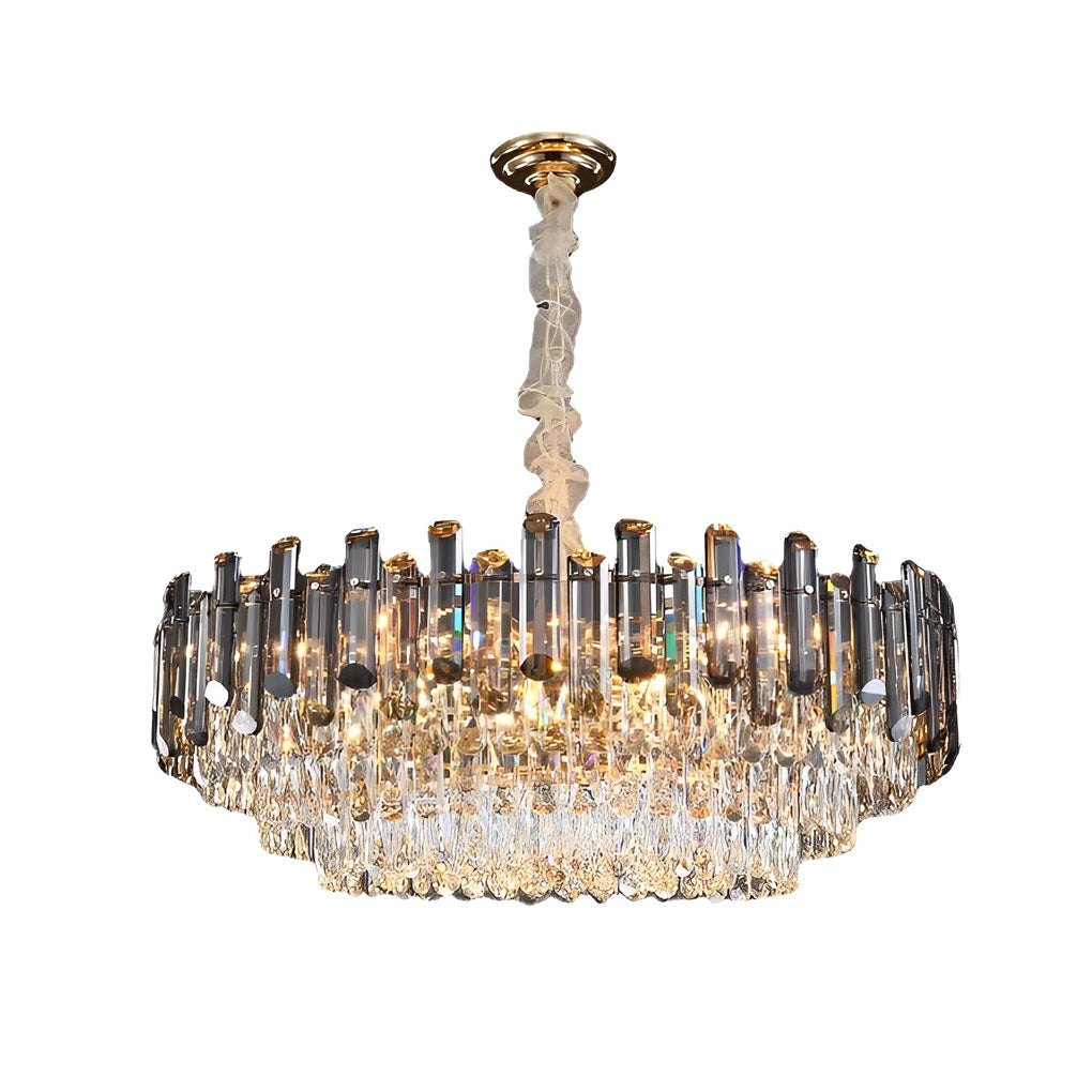 Close-up of Auréline chandelier showing intricate crystal design and gold frame detail