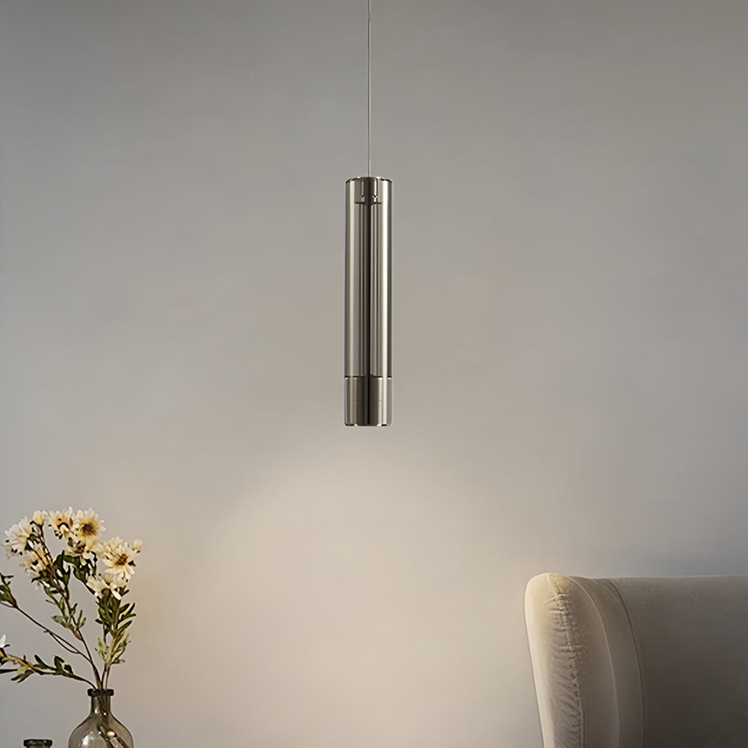 Contemporary crystal pendant lights with clean architectural lines in a modern interior