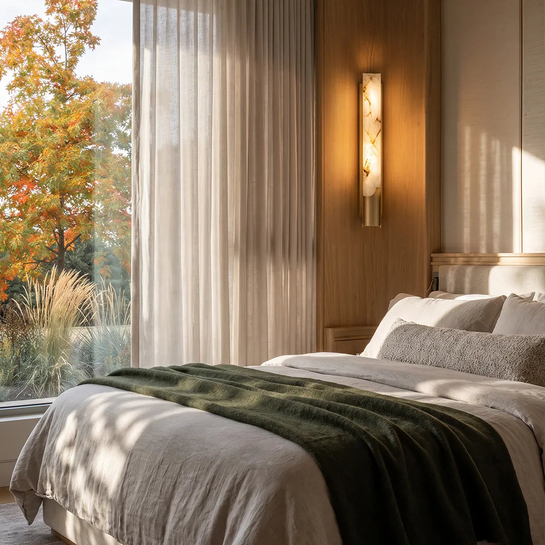 Niva marble wall light in a wood-panelled bedroom, modern stone sconce wall light