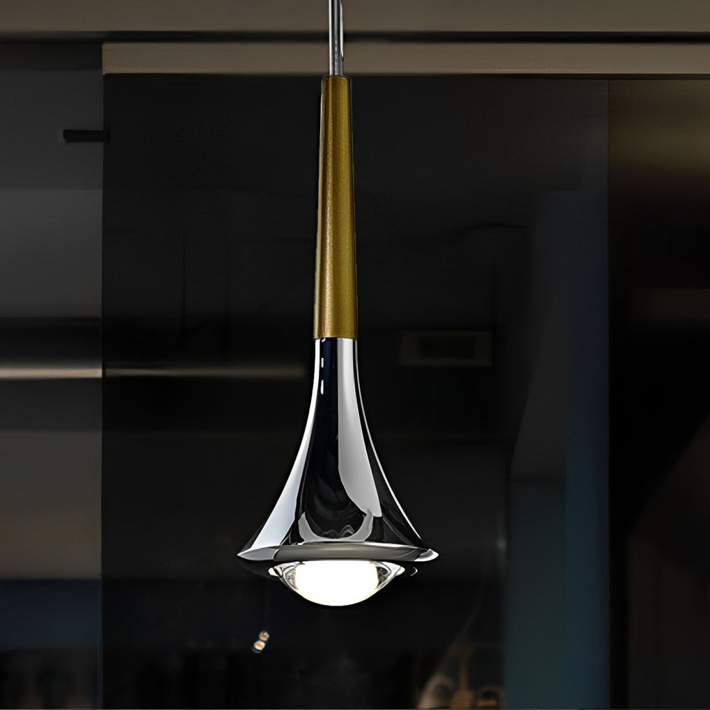 Aureon pendant light elongated teardrop design detail, iron and clear acrylic shade