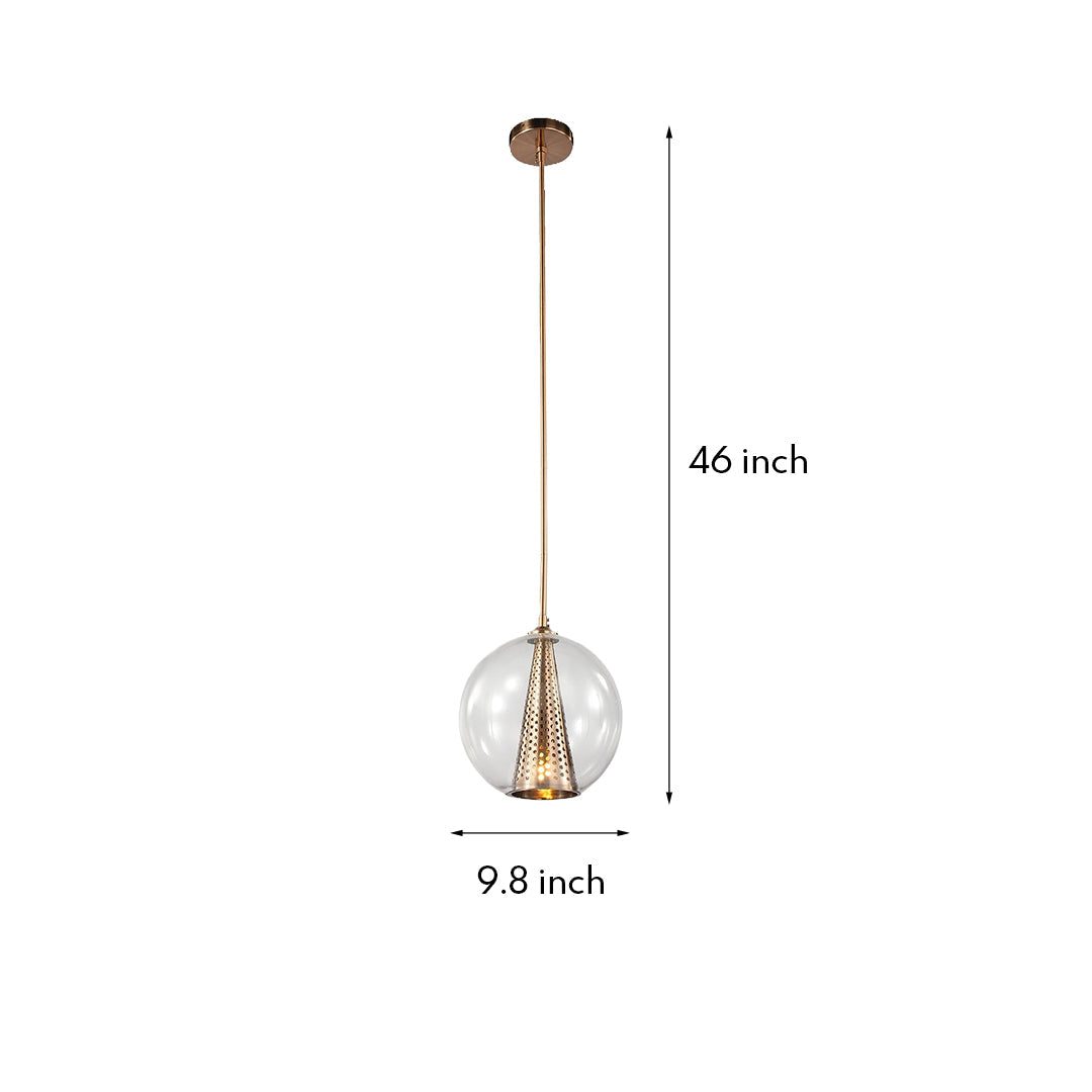 Dimension diagram for Aureon glass pendant light showing 9.8 inch diameter and 46 inch total height