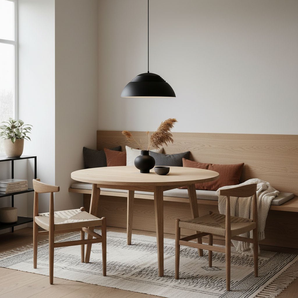 Vantara pendant light in matte black lit against a warm interior wall in a modern room