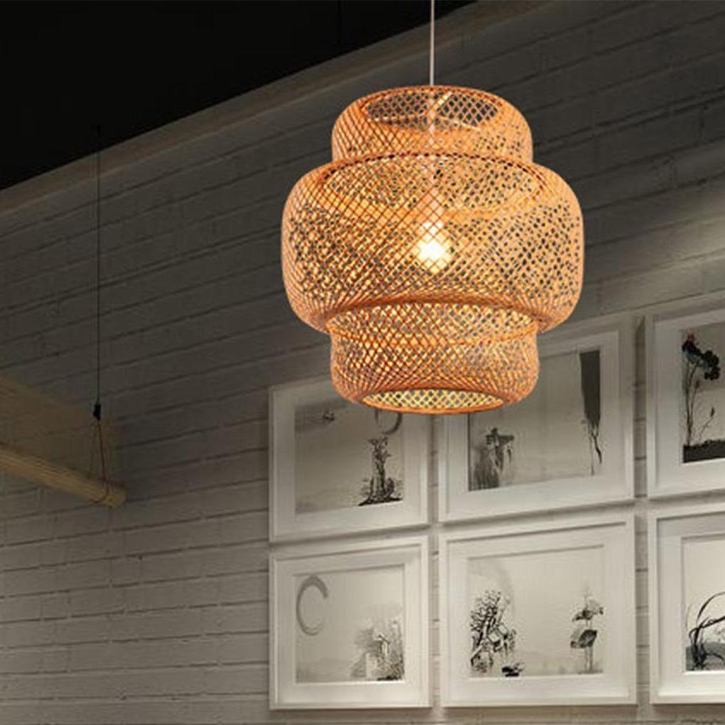 Natural bamboo woven pendant light close-up showing tiered shade texture