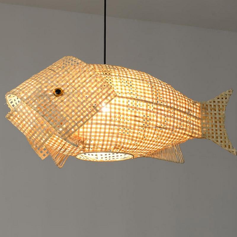 Close-up of handwoven bamboo shade on the Aureon fish pendant light