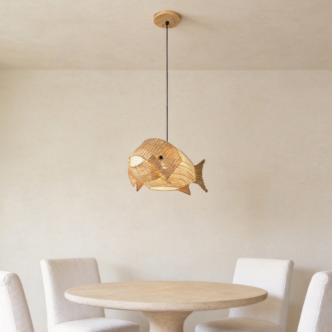 Aureon bamboo fish pendant light over a contemporary kitchen island