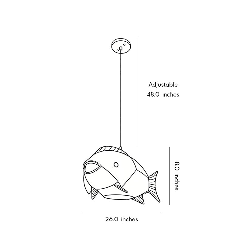 Technical dimension diagram for the Aureon woven bamboo fish pendant light