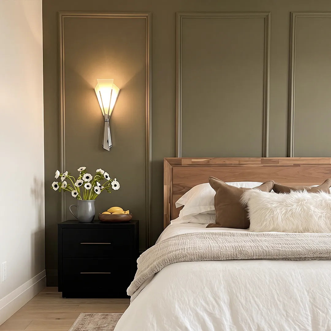 Niva marble wall sconce as bedside lighting beside a nightstand