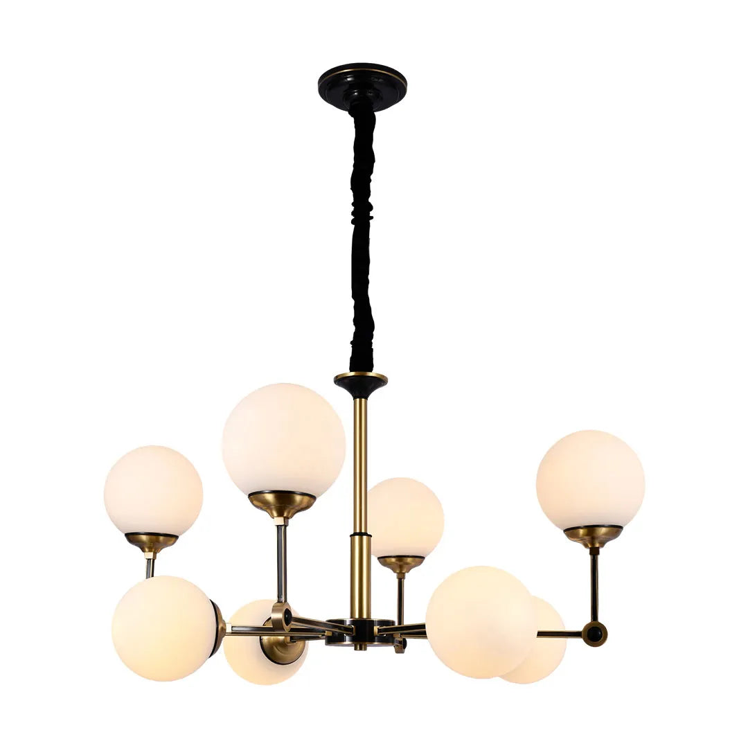 Auréline glass ball chandelier showing horizontal branching arm design in black and gold