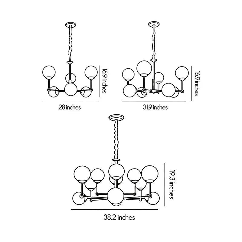 Size guide diagram for the Auréline glass ball chandelier showing 6, 8, and 12-head dimensions