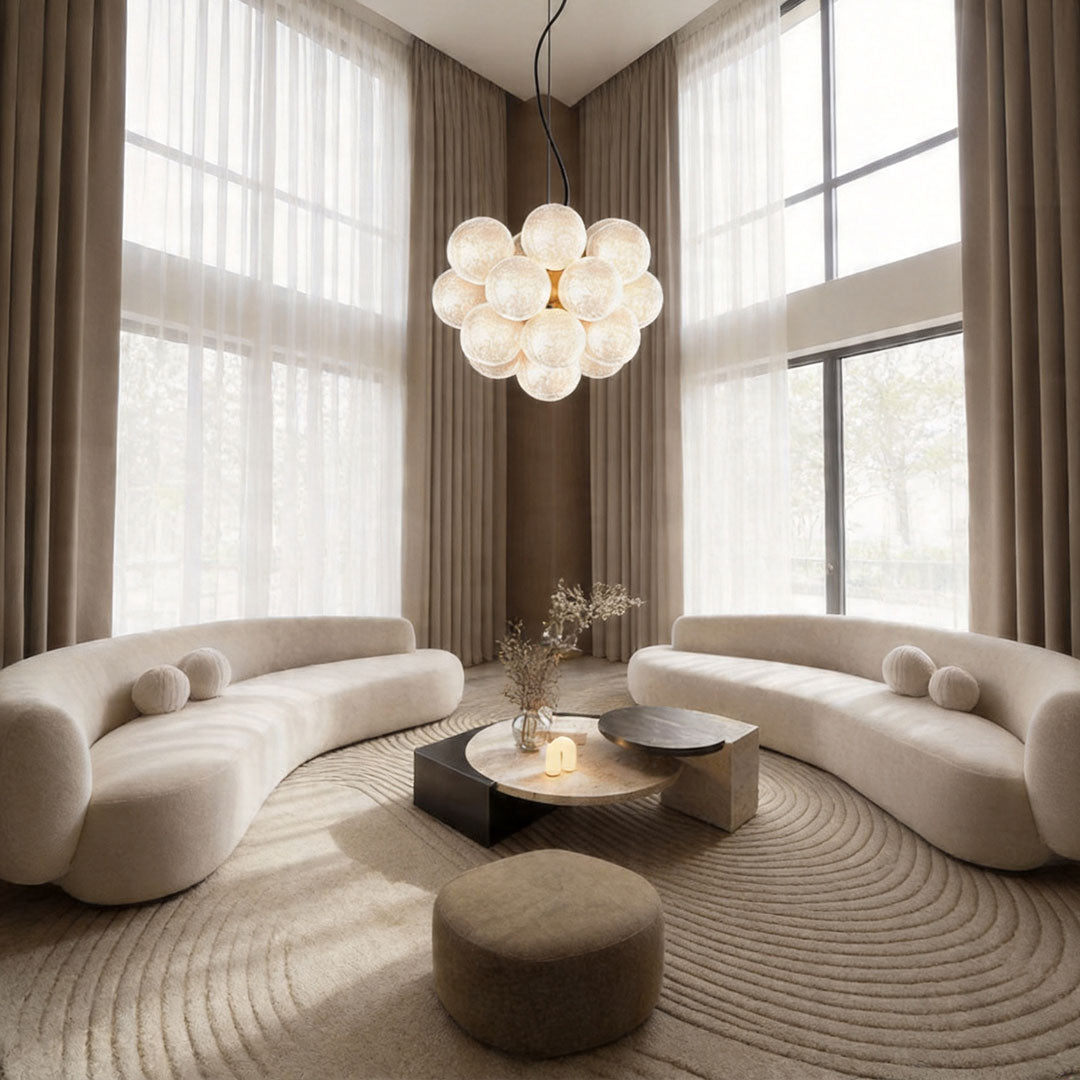 Auréline 19-head glass cluster chandelier in a living room with contemporary decor