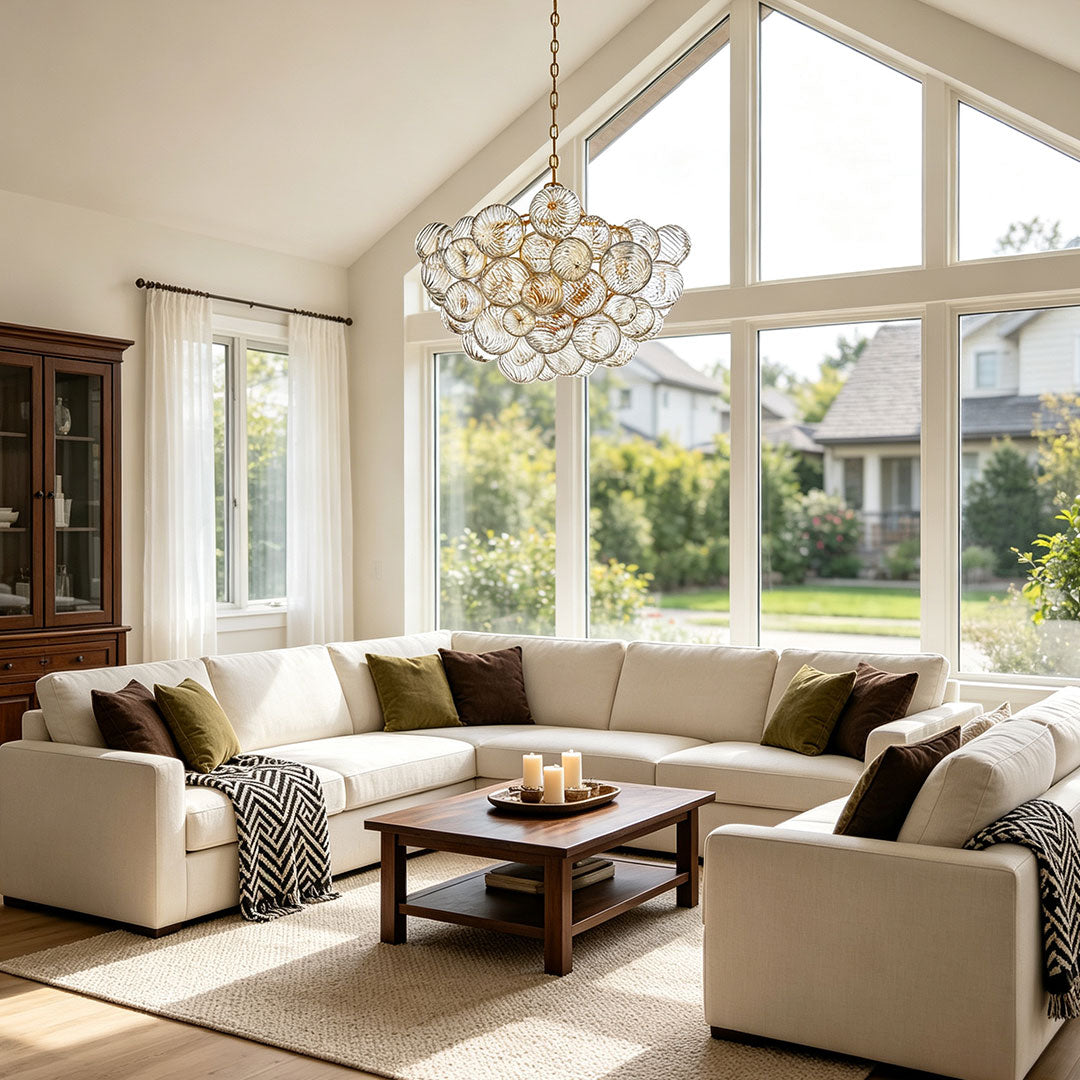 Auréline swirl glass chandelier in a contemporary living room setting