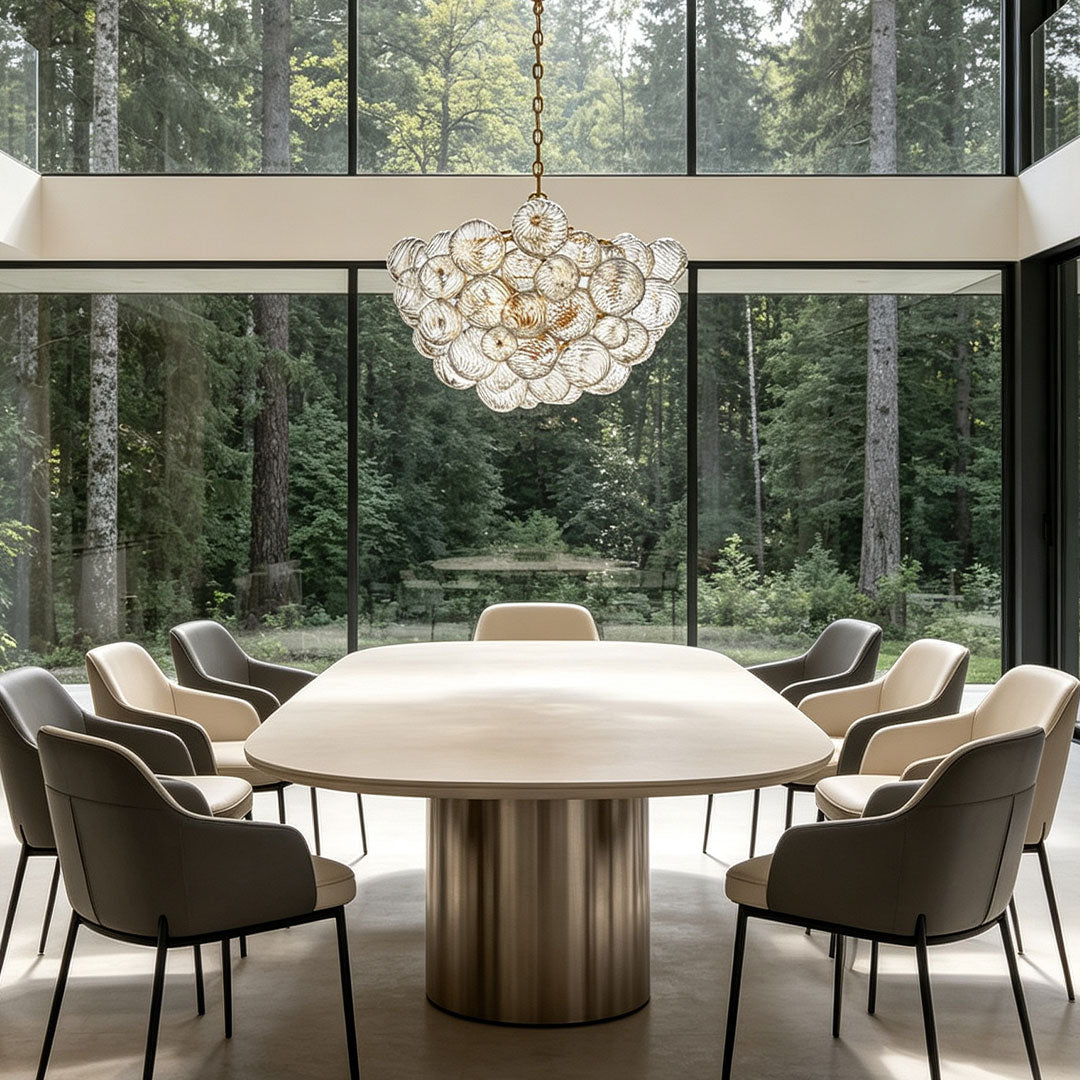 Auréline copper and glass bubble chandelier above a modern dining table